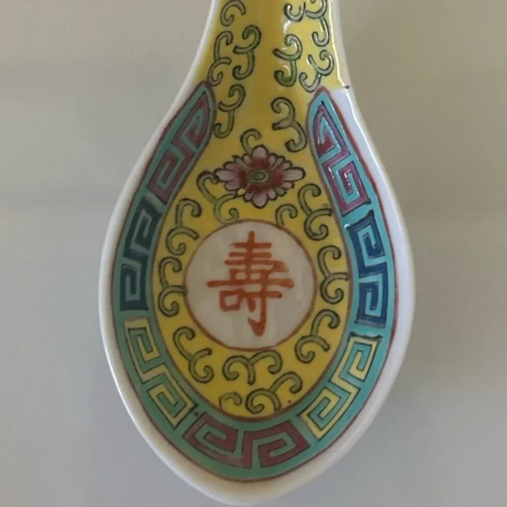 China Jingdezhen Wanshou Porcelain Soup Spoons Yellow Hand Painted Set of 7